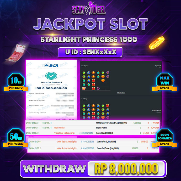 SEXYTOGEL JACKPOT SLOT STARLIGHT PRINCESS 1000 Rp.8.000.000.,-LUNAS